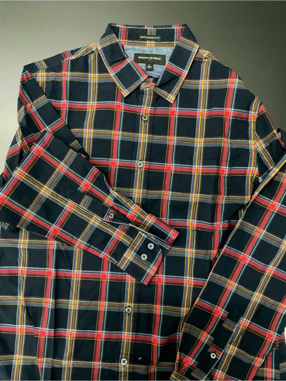 Banana Republic Navy, Red & Yellow Plaid Button-Down Shirt